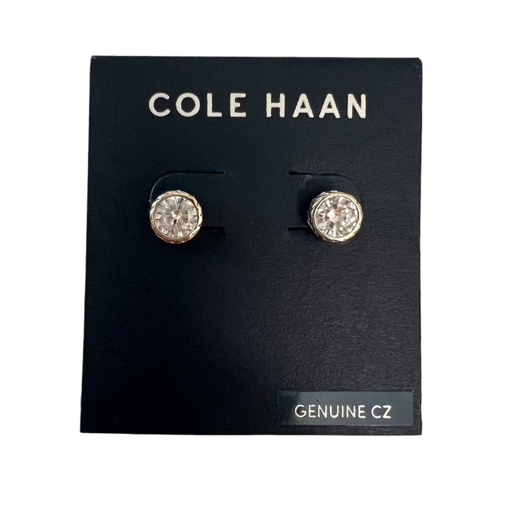 NOC Cole Haan Genuine CZ Basket Weave Bezel Set Stud Earrings Rhodium Pl…